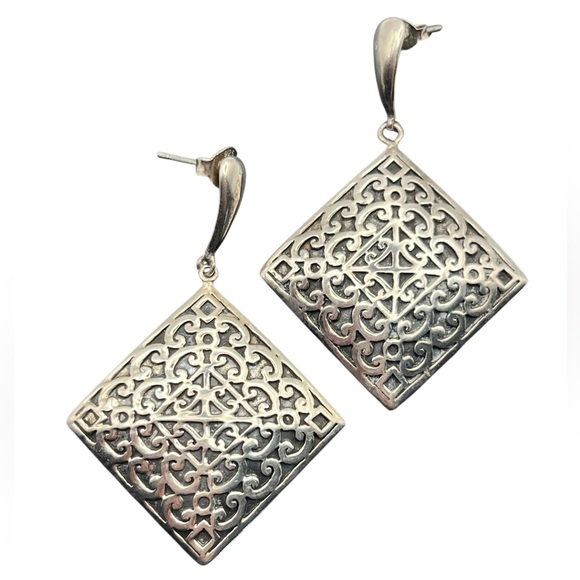Thailand sterling silver ornate design scroll square dangle vintage earrings